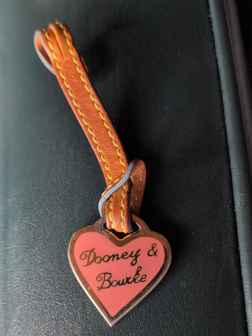 Dooney & Bourke Pink Enamel Heart Key Fob with Tan Leather Strap